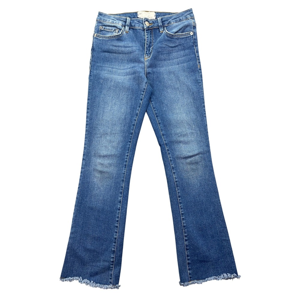Free People Flare Jeans Frayed Hem Mid-Rise Denim Blue Jeans W27 Fits‎ 26" Y2K
